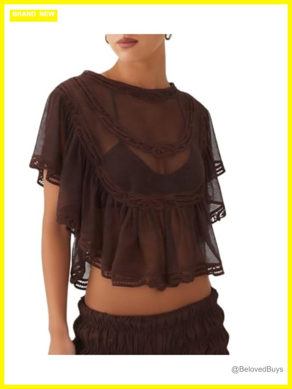 Sheer Lace Mesh Cropped Poncho Top Ruffle Sleeve Summer Cover Up